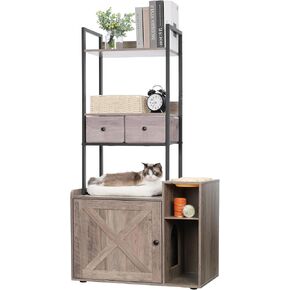 Hey-brother Litter Box Enclosure with 2 Storage Shelves and 2 Drawers, Large Hidden Cat Litter Box Furniture with Soft Cushion, Stores Most Litter Boxes and Cat Litter, Walnut MPJ130WB