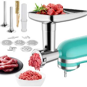 Metal Food Grinder Attachments for KitchenAid Stand Mixers, Meat Grinder, Sausage Stuffer, Perfect Mixer Attachment for KitchenAid Mixers, 15pcs Meat Grinder Accessories Set, Silver