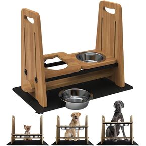 Elevated Dog Bowls Bamboo Raised Dog Bowl Stand with 4 Stainless Steel Bowls, Adjustable Separate Tilting Sides, Waterproof, Non-Slip Feet, Ideal for Small, Medium, and Large Breeds