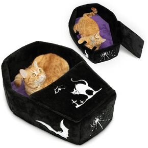 Gothic Cat Bed with Purple Cushion - Coffin Cat Bed Ideal as Halloween Cat Bed, Perfect Goth Cat Bed in Black and Purple for Gothic-Themed Homes in Saudi Arabia