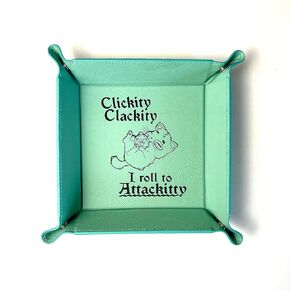 Clickity Clackity Attackitty Cat Dice Tray DnD، جلد نباتي، هدية، مصنوعة بواسطة LaserTavern (أسود/فضي)