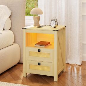 Nightstand with Charging Station, Farmhouse End Side Table with 2 Drawers for Bedroom, Smart Night Stand with 3 Color LED Light and Human Sensor, Wood Bedside Table, Rustic Brown