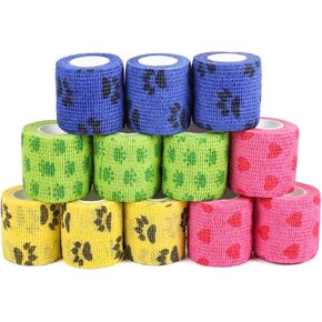 KIMOBER 12 Rolls Self Adhesive Pet Wrap Bandage Non-Woven Tape Vet Wrap Cohesive Bandages for Dogs Pet Animals Horse Cat Bird Animals,2 Inch x 5 Yards