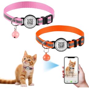 قطعتان من طوق القطط المنفصل مع علامة رمز QR للاسم، طوق قطط عاكس مخصص باللونين الوردي والبرتقالي، تلقي مسح موقع الحيوانات الأليفة QR، قابل للتعديل فائق المتانة للقطط الصغيرة والمتوسطة