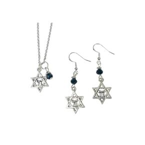 Star of David Judaica Necklace & Earring set, with jet faceted crystal accent bead, on sterling silver earwires