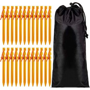 Tent Stake Pegs, 24 Aluminum Tent Stakes with Reflective Wind Cord, Tent Pegs Three Pronged Design, Hard and Stable, Portable Tent Stakes, Made for Camping (Orange)