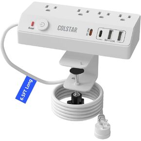 Desk Clamp Power Strip with PD 20W Fast Charging, COLSTAR Flat Plug Extension Cord 10 FT, Desk Mount Power Strip Surge Protector with 4 AC Outlet 4 USB Ports, Fit 1.8" Tabletop Edge (White)