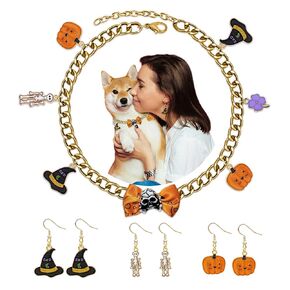Halloween Dog Necklace & Matching Earrings Set - Pumpkin, Skeleton, Witch Hat Necklace for Dogs & Earrings for Girls, Perfect Matching Pet and Owner Accessories (Medium, Halloween, Halloween Mix)