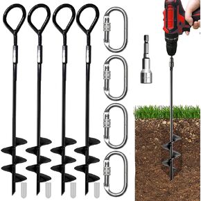 Sage Max Ground Anchors - 4X Heavy Duty Screw in Earth Stakes with 4 Hook Clips, 1 Drill Bit Piece - Fully Welded Trampoline Stakes with Wider Spiral - Shed Anchor Kit for Tent, Swings, and More