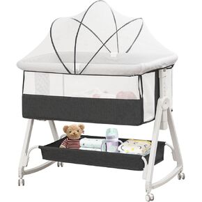 Baby Bassinet Bedside Sleeper for Baby with Wheels and Storage Barket ,All Mesh Portable Bedside Bassinet Co Sleeper for Newborn /Infant,7 Height Adjustable Easy to Assemble Bedside Crib（3 in 1，Grey）
