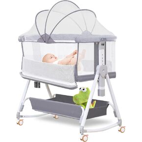 Baby Bassinet Bedside Sleeper for Baby with Wheels and Storage Barket ,All Mesh Portable Bedside Bassinet Co Sleeper for Newborn /Infant,7 Height Adjustable Easy to Assemble Bedside Crib（3 in 1，Grey）