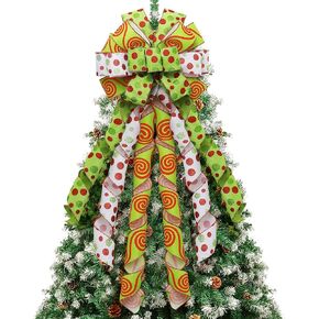 Christmas Tree Topper Wreath Bow Handmade Large Green Christmas Bow Tree Topper, 44"x13" Red Green Dot Bow for Xmas Ornament Holiday Home Decor