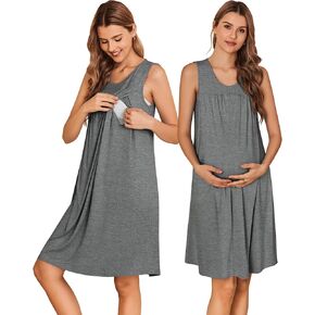 Ekouaer Nursing Nightgown Pleated Hospital Gowns for Women Sleeveless Tank Labor Delivery Breastfeeding Dress
