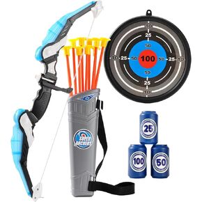 PowerTRC Kids Bow and Arrow Set, Bow and Arrow Set for Kids 8-12 – Kids Archery Set with Target Practice LED Light Up with 10 Suction Cup Arrows & Quiver Outdoor Play Toys (Blue)
