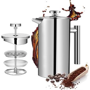 Mongdio French Press Coffee Maker, 34 Ounce (1 Litre) French Press Stainless Steel with 3 Filter, Double Wall Insulated, Easy to Clean, For Home Camping Travel Gifts