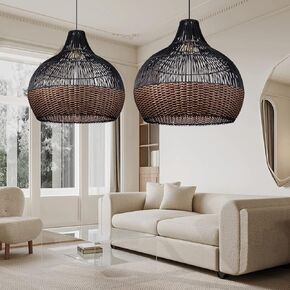 Arturesthome Rattan Pendant Light Fixtures, Wicker Boho Black Basket Lighting Chandelier, Large Natural Woven Ceiling Hanging Lamp for Kitchen Island Dining Room