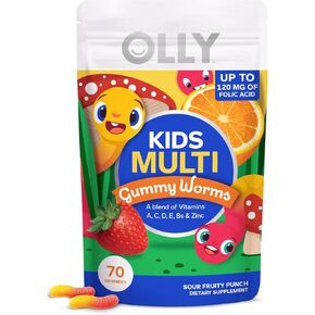 OLLY Kids Multivitamin Gummy Worms, Overall Health and Immune Support, Vitamins and Minerals A, C, D, E, Bs and Zinc, Chewable Supplement, Sour Fruit Punch, 45 Day Supply - 70 Count