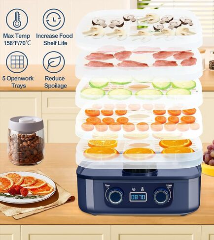 آلة تجفيف الطعام، مجفف للأغذية والمتشنج مع درجة حرارة قابلة للتعديل (95-158 درجة فهرنهايت) ومؤقت 48 ساعة، مجفف طعام رقمي مع 5 صواني، مجفف طعام كهربائي للحوم ومكافآت الحيوانات الأليفة والأعشاب in Kuwait