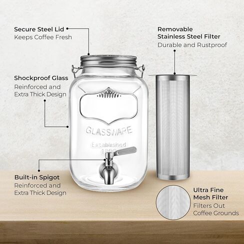 Cold Brew Mason Jar (128 oz) Iced Coffee Cold Brew Pitcher Home, 1 Gallon Cold Brew Coffee Maker for Brewing Ice Coffee and Tea, Cold Brew Glass Pitcher with Filter, Large Cold Brew Maker (Silver) in Kuwait