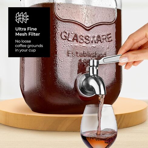 Cold Brew Mason Jar (128 oz) Iced Coffee Cold Brew Pitcher Home, 1 Gallon Cold Brew Coffee Maker for Brewing Ice Coffee and Tea, Cold Brew Glass Pitcher with Filter, Large Cold Brew Maker (Silver) in Kuwait