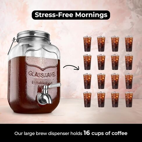 Cold Brew Mason Jar (128 oz) Iced Coffee Cold Brew Pitcher Home, 1 Gallon Cold Brew Coffee Maker for Brewing Ice Coffee and Tea, Cold Brew Glass Pitcher with Filter, Large Cold Brew Maker (Silver) in Kuwait