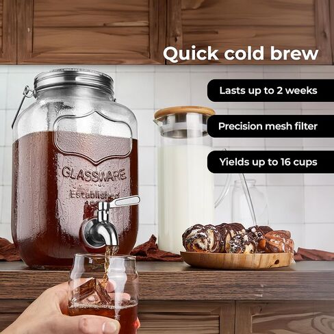 Cold Brew Mason Jar (128 oz) Iced Coffee Cold Brew Pitcher Home, 1 Gallon Cold Brew Coffee Maker for Brewing Ice Coffee and Tea, Cold Brew Glass Pitcher with Filter, Large Cold Brew Maker (Silver) in Kuwait