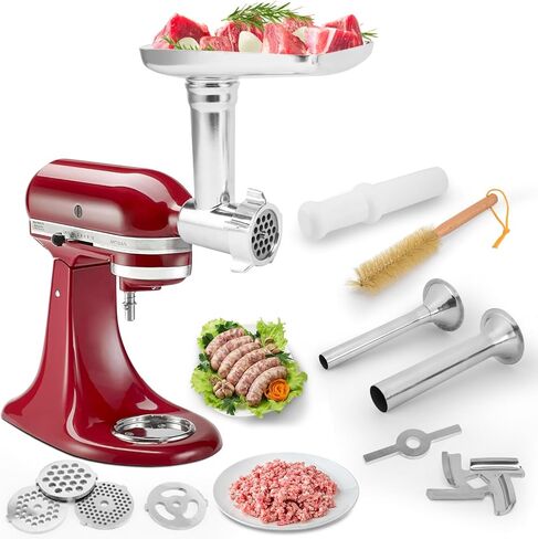 ملحق مطحنة اللحوم لخلاط حامل KitchenAid، ملحق مطحنة لحوم الطعام المعدني، ملحق خلاط مثالي لخلاطات KitchenAid، 3 أنابيب لحشو السجق، فضي in Saudi Arabia