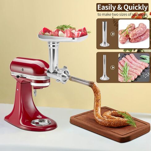 ملحق مطحنة اللحوم لخلاط حامل KitchenAid، ملحق مطحنة لحوم الطعام المعدني، ملحق خلاط مثالي لخلاطات KitchenAid، 3 أنابيب لحشو السجق، فضي in Saudi Arabia