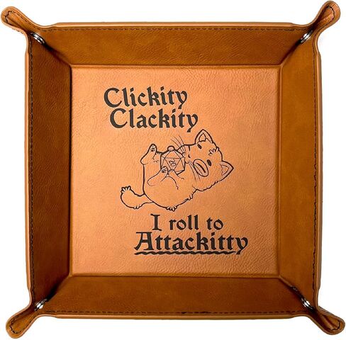 Clickity Clackity Attackitty Cat Dice Tray DnD, Vegan Leather, Gift, Made by LaserTavern (Black/Silver) in Saudi Arabia