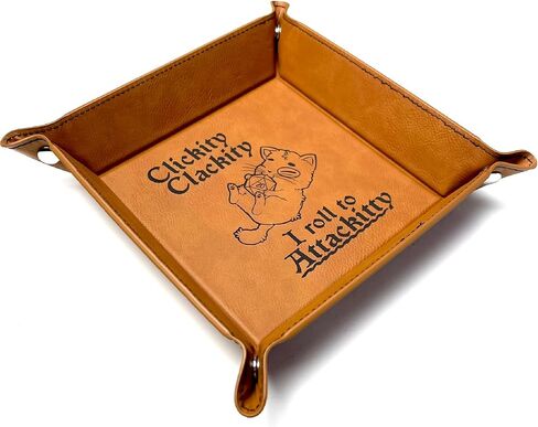 Clickity Clackity Attackitty Cat Dice Tray DnD, Vegan Leather, Gift, Made by LaserTavern (Black/Silver) in Saudi Arabia