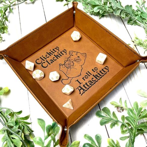 Clickity Clackity Attackitty Cat Dice Tray DnD, Vegan Leather, Gift, Made by LaserTavern (Black/Silver) in Saudi Arabia