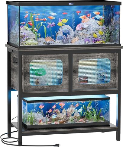 40-50 Gallon Fish Tank Stand with LED Light and Outlet, Heavy Duty Metal Aquarium Stand with Cabinet and Accessories Storage, Reptile Tank Turtle Terrariums Table Stand Hold 880LBS, Grey Oak in Saudi Arabia