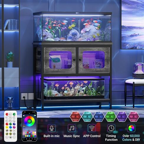 40-50 Gallon Fish Tank Stand with LED Light and Outlet, Heavy Duty Metal Aquarium Stand with Cabinet and Accessories Storage, Reptile Tank Turtle Terrariums Table Stand Hold 880LBS, Grey Oak in Saudi Arabia