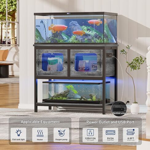 40-50 Gallon Fish Tank Stand with LED Light and Outlet, Heavy Duty Metal Aquarium Stand with Cabinet and Accessories Storage, Reptile Tank Turtle Terrariums Table Stand Hold 880LBS, Grey Oak in Saudi Arabia