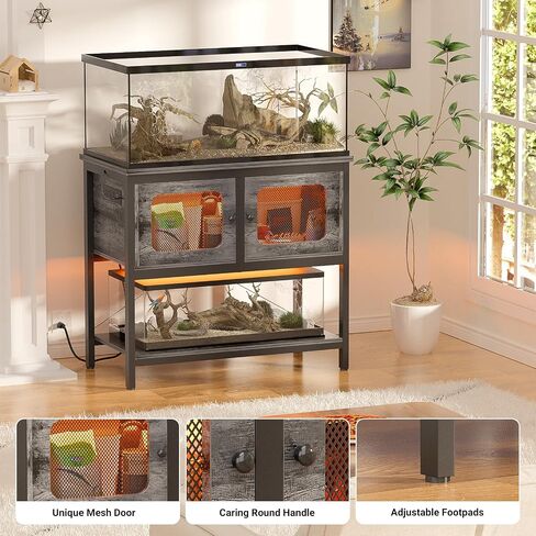 40-50 Gallon Fish Tank Stand with LED Light and Outlet, Heavy Duty Metal Aquarium Stand with Cabinet and Accessories Storage, Reptile Tank Turtle Terrariums Table Stand Hold 880LBS, Grey Oak in Saudi Arabia