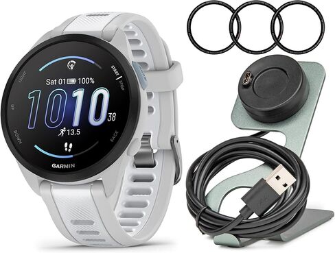 ساعة ذكية للجري Garmin Forerunner 165 GPS (رمادي ضبابي وأبيض) مع حامل شاحن وكابل شحن وطبقة حماية للشاشة من الزجاج المقوى 9H Fenix ​​7S (عبوة من 3 قطع) (3 قطع) in Saudi Arabia