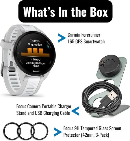 ساعة ذكية للجري Garmin Forerunner 165 GPS (رمادي ضبابي وأبيض) مع حامل شاحن وكابل شحن وطبقة حماية للشاشة من الزجاج المقوى 9H Fenix ​​7S (عبوة من 3 قطع) (3 قطع) in Saudi Arabia