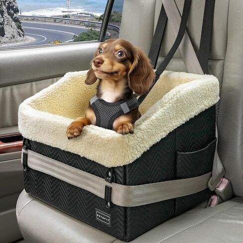 مقعد سيارة للكلاب من PETSFIT متوسط ​​الحجم، مقعد سيارة معزز من جلد البولي يوريثان مقاوم للماء مع أبازيم آمنة كبراءة اختراع، حزام مقعد الكلب قابل للفصل للسيارة، مقاعد سيارة للكلاب الصغيرة حتى وزن 30 رطلًا (أسود) in Kuwait