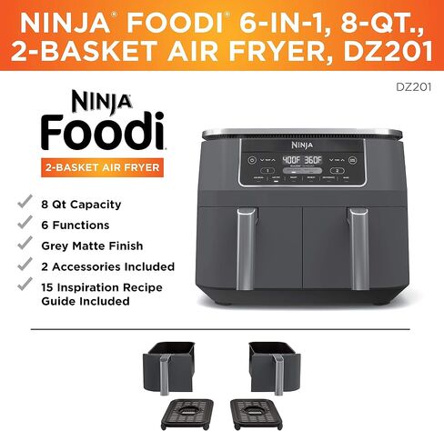 Ninja DZ201 Foodi 6-in-1 2-Basket Air Fryer with DualZone Technology, 8-Quart Capacity, and a Dark Grey Stainless Finish (Dark Grey Stainless) (Renewed) in Saudi Arabia
