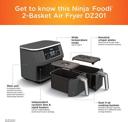 Ninja DZ201 Foodi 6-in-1 2-Basket Air Fryer with DualZone Technology, 8-Quart Capacity, and a Dark Grey Stainless Finish (Dark Grey Stainless) (Renewed) in Saudi Arabia