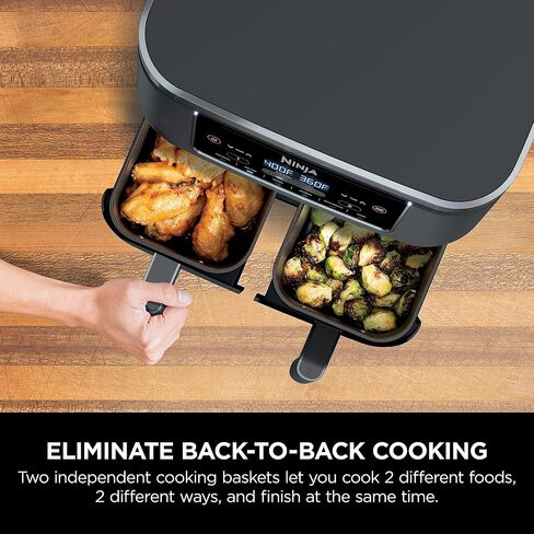 Ninja DZ201 Foodi 6-in-1 2-Basket Air Fryer with DualZone Technology, 8-Quart Capacity, and a Dark Grey Stainless Finish (Dark Grey Stainless) (Renewed) in Saudi Arabia