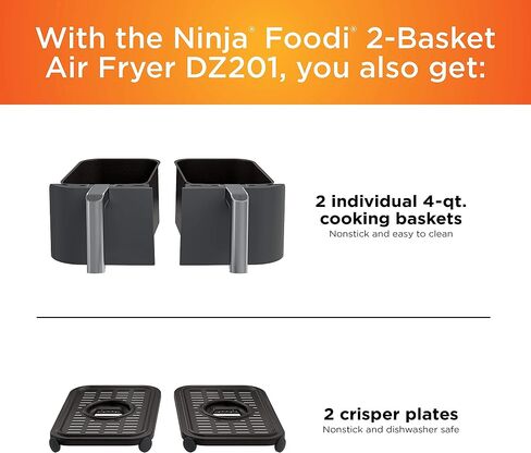 Ninja DZ201 Foodi 6-in-1 2-Basket Air Fryer with DualZone Technology, 8-Quart Capacity, and a Dark Grey Stainless Finish (Dark Grey Stainless) (Renewed) in Saudi Arabia
