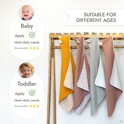 IKIGAIN Muslin Baby Towels with Hood - Soft, Absorbent, and Thick Muslin Hooded Baby Towels | 100% Organic Cotton Baby Bath Towels | Two Layer Baby Towel with Hood | Easy to Wash and Quick-Drying in Saudi Arabia