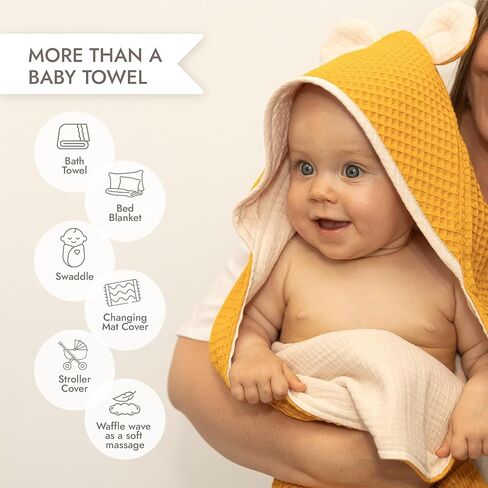 IKIGAIN Muslin Baby Towels with Hood - Soft, Absorbent, and Thick Muslin Hooded Baby Towels | 100% Organic Cotton Baby Bath Towels | Two Layer Baby Towel with Hood | Easy to Wash and Quick-Drying in Saudi Arabia