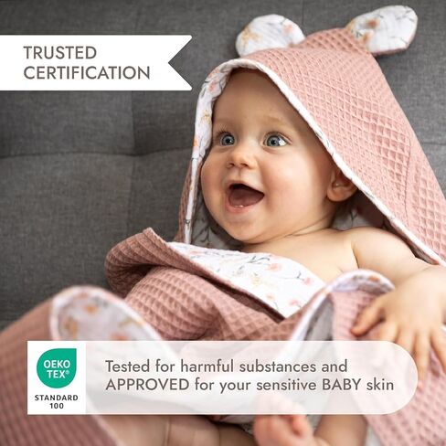 IKIGAIN Muslin Baby Towels with Hood - Soft, Absorbent, and Thick Muslin Hooded Baby Towels | 100% Organic Cotton Baby Bath Towels | Two Layer Baby Towel with Hood | Easy to Wash and Quick-Drying in Saudi Arabia