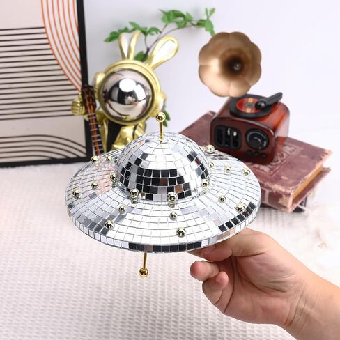 ديكورات مرآة كرة ديسكو UFO - سفينة فضاء ديسكو فضية مقاس 8 بوصة للمنزل، والحفلات، وديكور الحديقة - ديكور عتيق عاكس للطاولة، والمكتب، وغرفة الموسيقى - هدية مصنوعة يدويًا in Kuwait