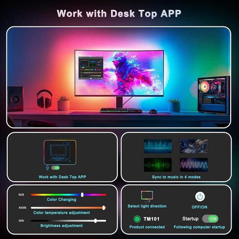 BASON LIGHTING USB Monitor Backlight for 27 inch PC, LED Strip for Monitors, Gaming Monitor Lights, RGB-IC Screen Lights Sync Color LED Strip for Desk Setup Lighting, Music Snyc, Software Control. in Saudi Arabia