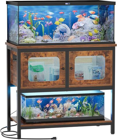 40-50 Gallon Fish Tank Stand with LED Light and Outlet, Heavy Duty Metal Aquarium Stand with Cabinet and Accessories Storage, Reptile Tank Turtle Terrariums Table Stand Hold 880LBS, Grey Oak in Saudi Arabia