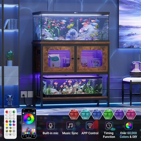 40-50 Gallon Fish Tank Stand with LED Light and Outlet, Heavy Duty Metal Aquarium Stand with Cabinet and Accessories Storage, Reptile Tank Turtle Terrariums Table Stand Hold 880LBS, Grey Oak in Saudi Arabia