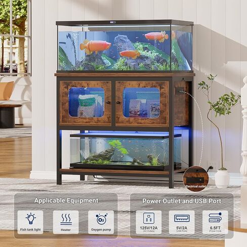 40-50 Gallon Fish Tank Stand with LED Light and Outlet, Heavy Duty Metal Aquarium Stand with Cabinet and Accessories Storage, Reptile Tank Turtle Terrariums Table Stand Hold 880LBS, Grey Oak in Saudi Arabia